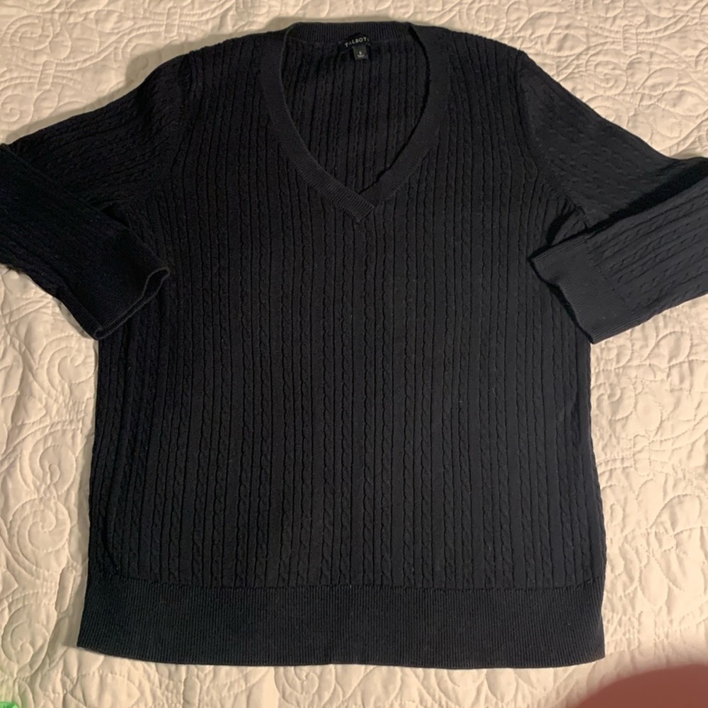 Talbots black mini cable v neck sweater size S